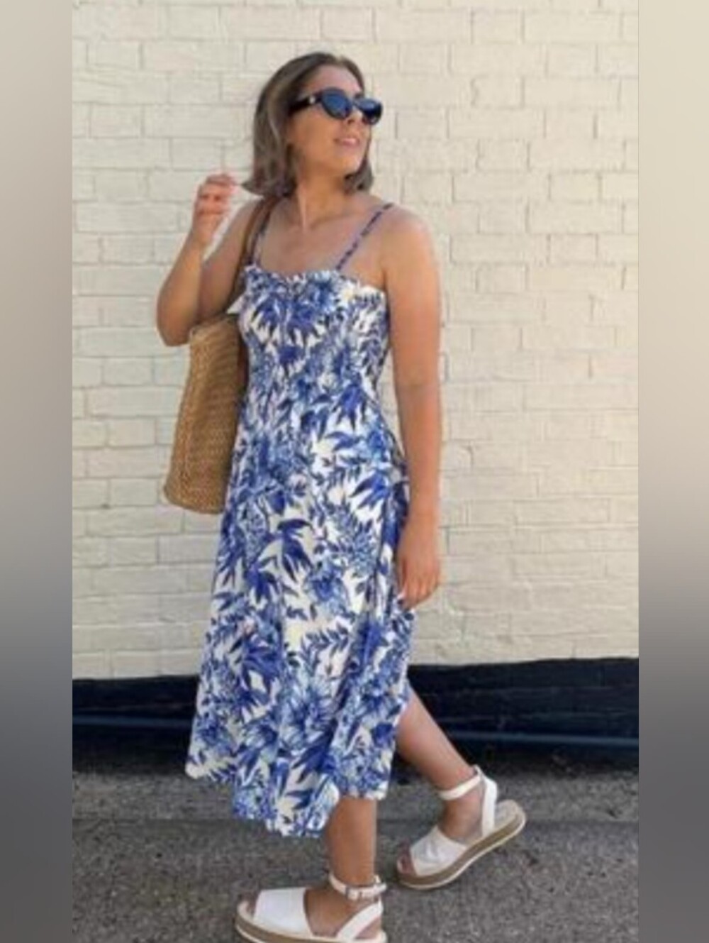 H&M Blue and White Floral Spaghetti-Strap Midi Dress